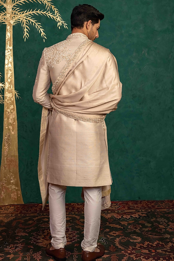 Champagne Gold Raw Silk Hand Embroidered Groom Sherwani Set by ADANI at Pernia's Pop Up Shop