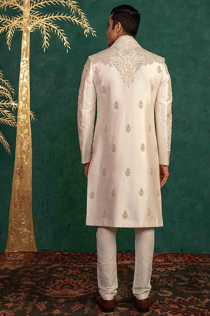 Ivory Dupion Silk Zardosi Embroidered Groom Sherwani Set by ADANI at Pernia's Pop Up Shop