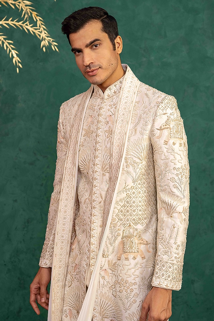 Ivory Dupion Silk Zardosi Embroidered Groom Sherwani Set by ADANI at Pernia's Pop Up Shop