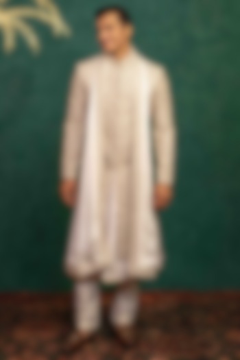 Ivory Dupion Silk Hand & Machine Embroidered Groom Sherwani Set by ADANI at Pernia's Pop Up Shop