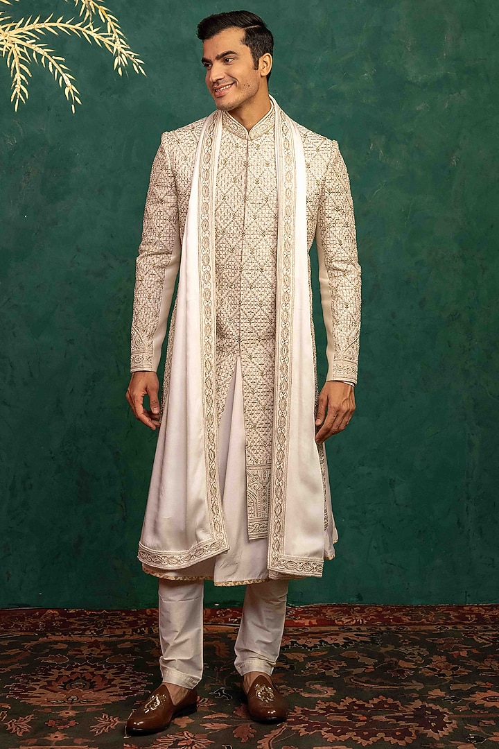 Ivory Dupion Silk Hand & Machine Embroidered Groom Sherwani Set by ADANI at Pernia's Pop Up Shop