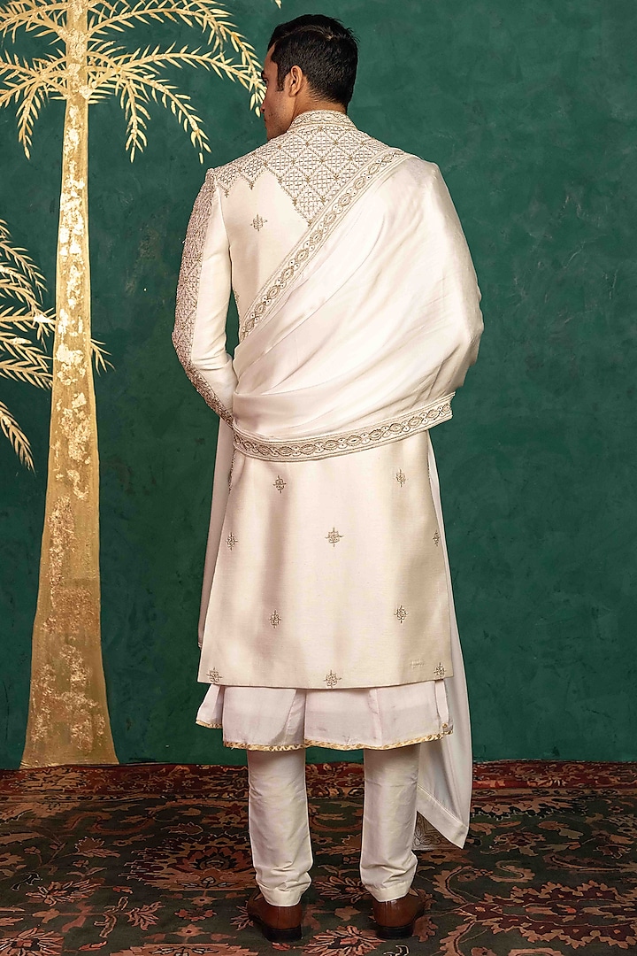 Ivory Dupion Silk Hand & Machine Embroidered Groom Sherwani Set by ADANI at Pernia's Pop Up Shop