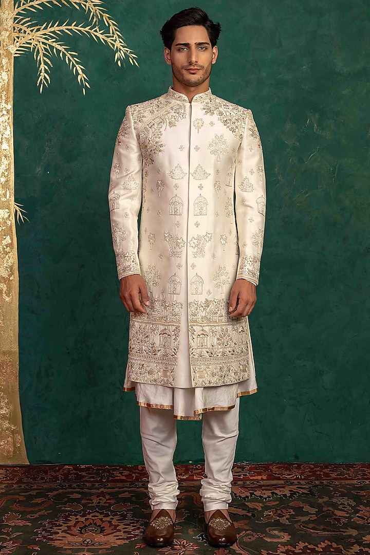 White Raw Silk Resham Hand Embroidered Groom Sherwani Set by ADANI at Pernia's Pop Up Shop