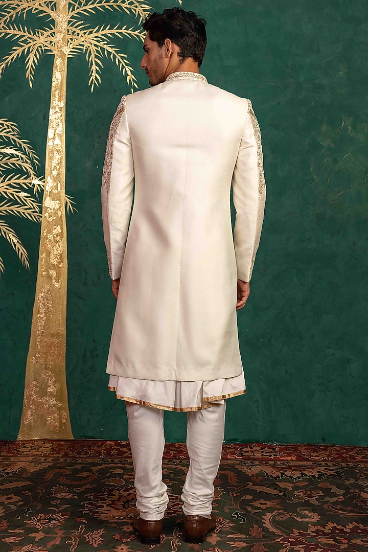 White Raw Silk Resham Hand Embroidered Groom Sherwani Set by ADANI at Pernia's Pop Up Shop