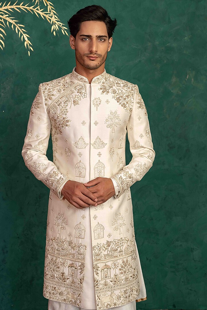 White Raw Silk Resham Hand Embroidered Groom Sherwani Set by ADANI at Pernia's Pop Up Shop