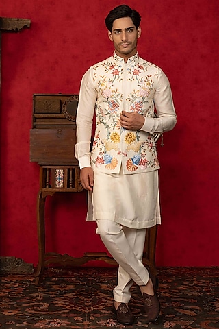 Multi-Colored Dupion Silk Handpainted Bundi Jacket Set by ADANI