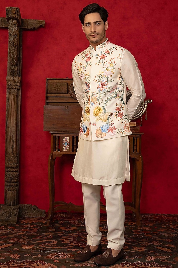 Multi-Colored Dupion Silk Handpainted Bundi Jacket Set by ADANI at Pernia's Pop Up Shop