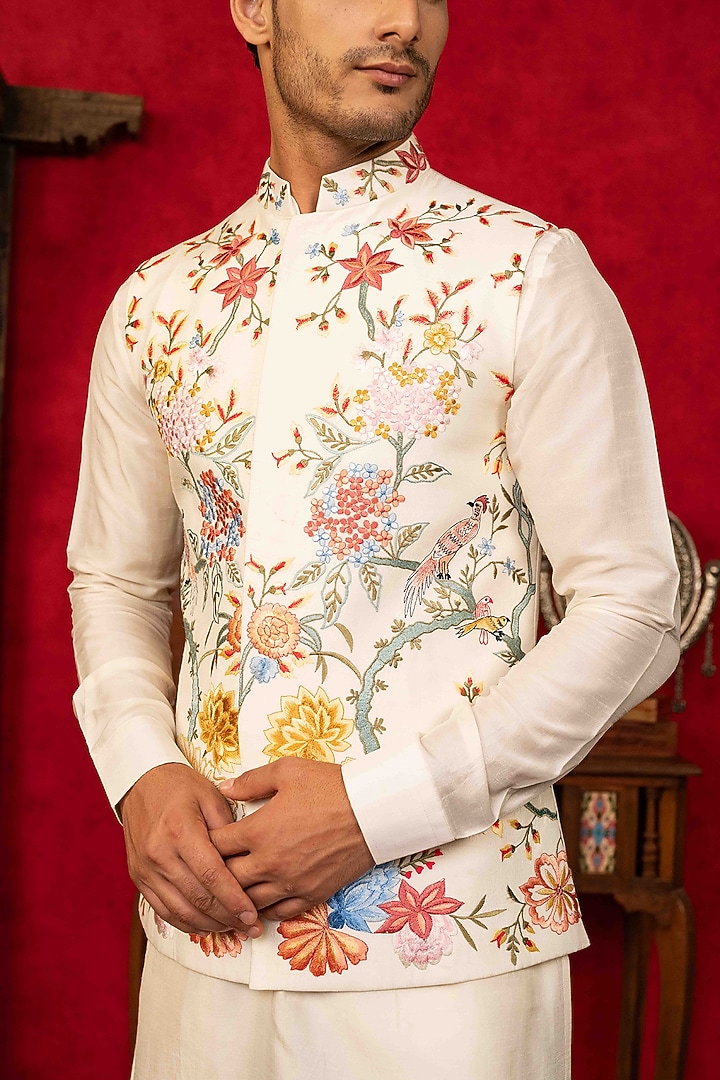 Multi-Colored Dupion Silk Handpainted Bundi Jacket Set by ADANI at Pernia's Pop Up Shop