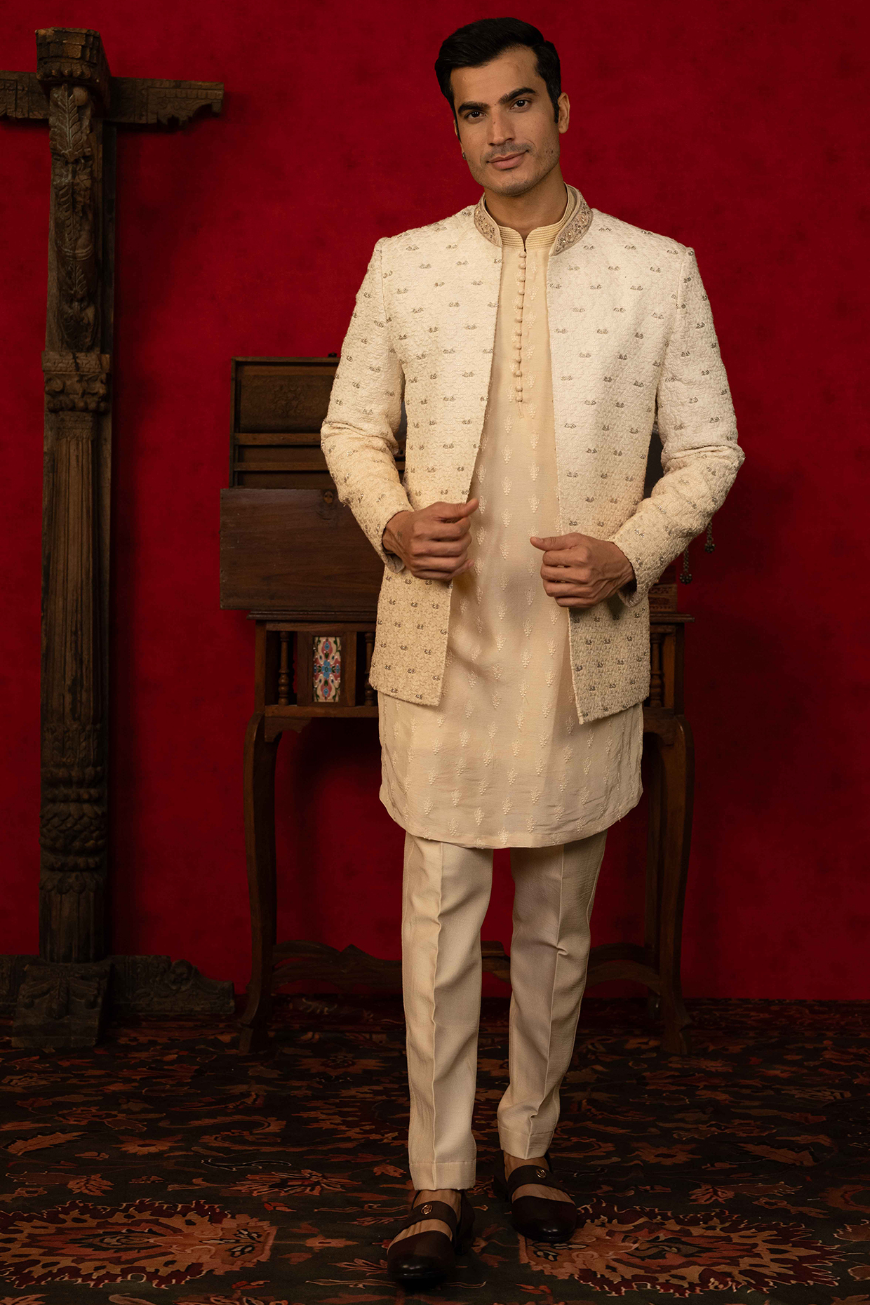 Ivory-Beige Ombre Lucknowi Cutdana Embroidered Open Jodhpuri Set by ADANI