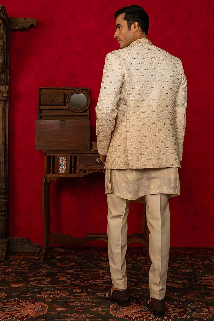 Ivory-Beige Ombre Lucknowi Cutdana Embroidered Open Jodhpuri Set by ADANI at Pernia's Pop Up Shop