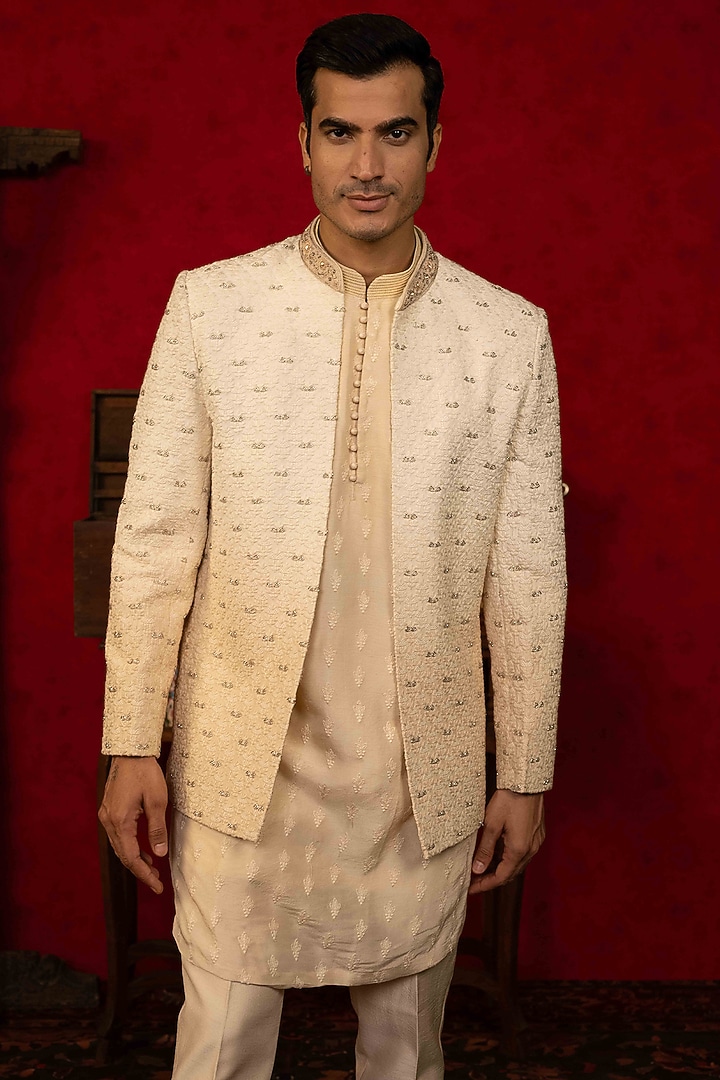Ivory-Beige Ombre Lucknowi Cutdana Embroidered Open Jodhpuri Set by ADANI at Pernia's Pop Up Shop