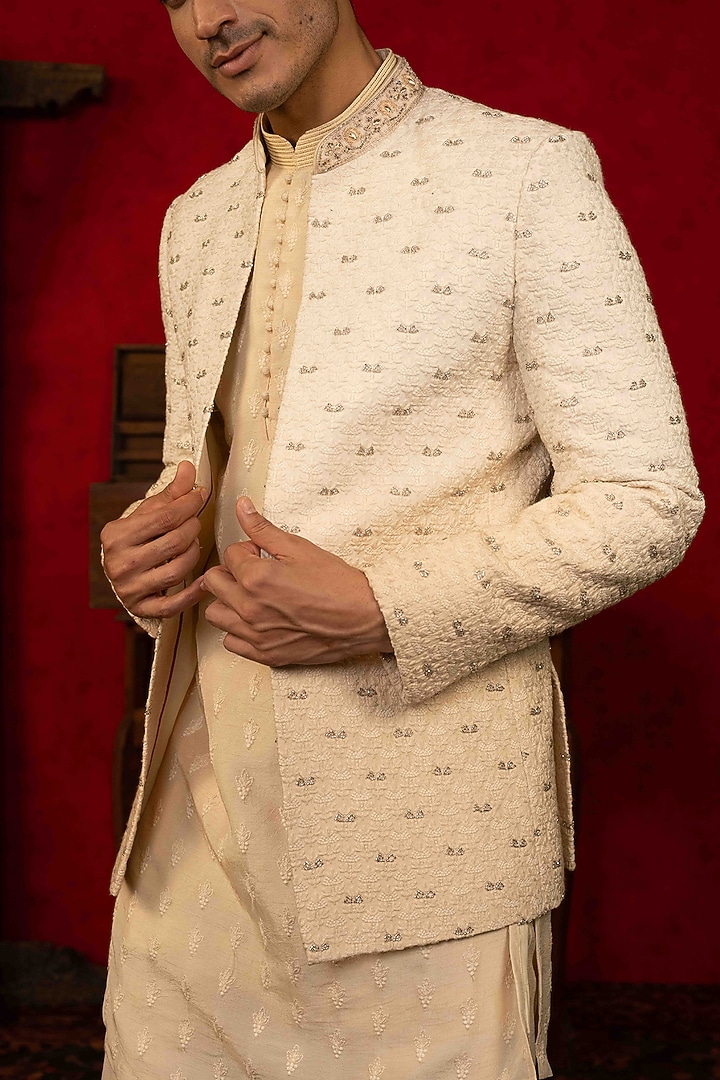 Ivory-Beige Ombre Lucknowi Cutdana Embroidered Open Jodhpuri Set by ADANI at Pernia's Pop Up Shop