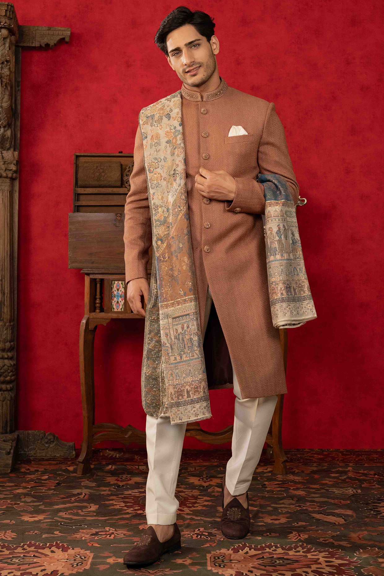 Brown Matka Silk Sherwani Set by ADANI