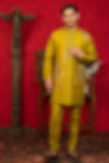 Olive Green Dupion Silk Zardosi Embellished Bundi Jacket Set by ADANI at Pernia's Pop Up Shop