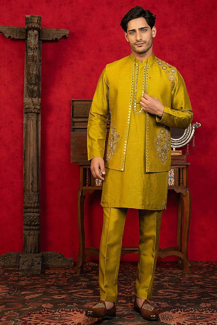 Olive Green Dupion Silk Zardosi Embellished Bundi Jacket Set by ADANI at Pernia's Pop Up Shop