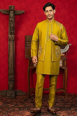 Olive Green Dupion Silk Zardosi Embellished Bundi Jacket Set by ADANI