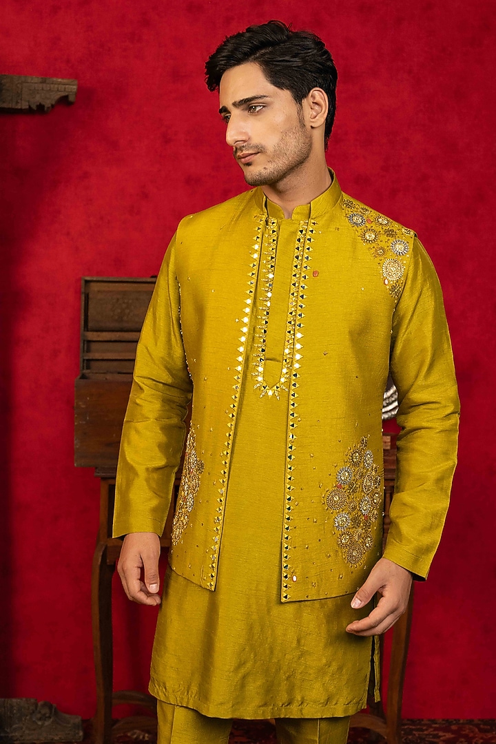Olive Green Dupion Silk Zardosi Embellished Bundi Jacket Set by ADANI at Pernia's Pop Up Shop
