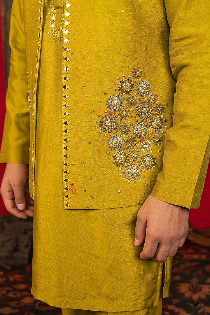 Olive Green Dupion Silk Zardosi Embellished Bundi Jacket Set by ADANI at Pernia's Pop Up Shop