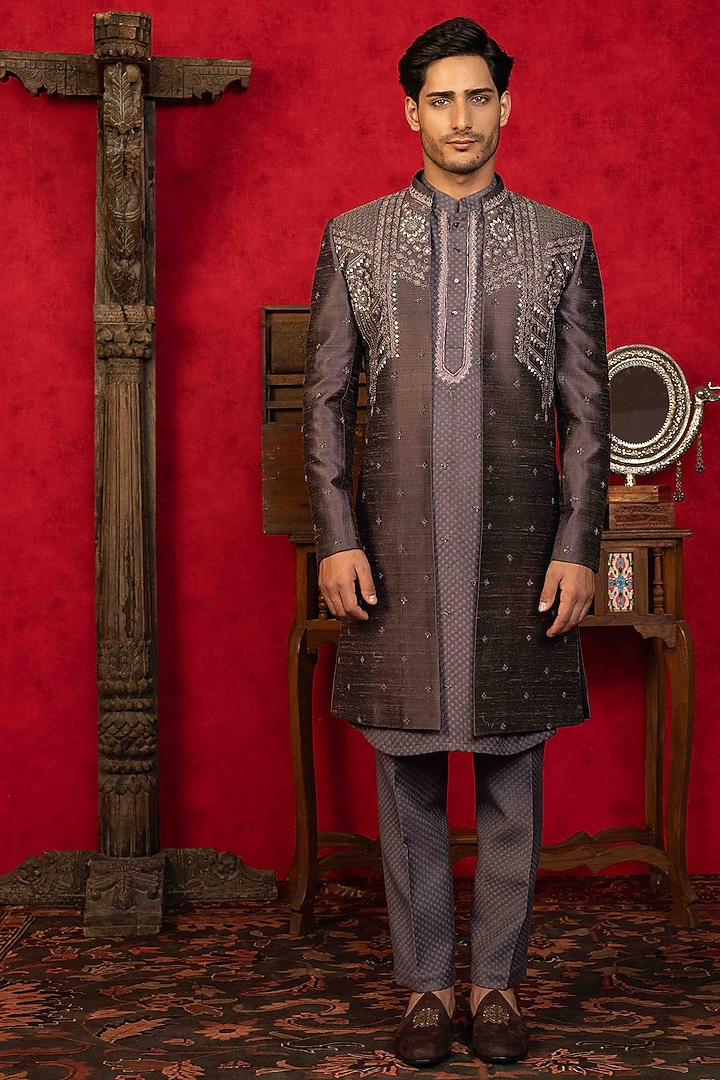 Vintage Violet Raw Silk Resham Embroidered Wedding Indowestern Set by ADANI at Pernia's Pop Up Shop