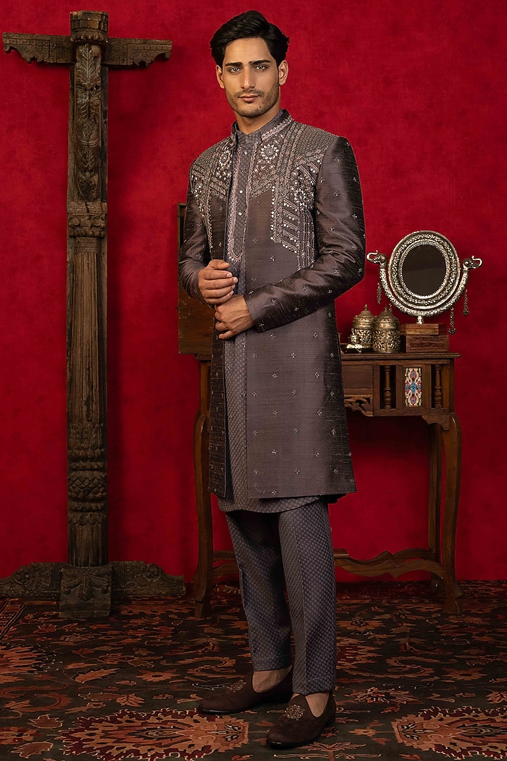 Vintage Violet Raw Silk Resham Embroidered Wedding Indowestern Set by ADANI at Pernia's Pop Up Shop