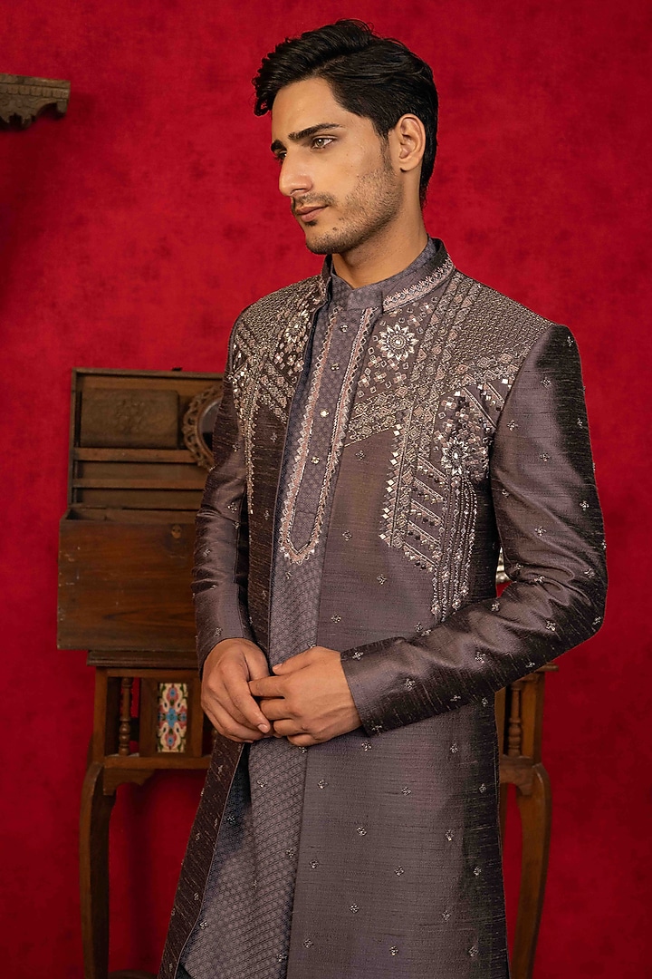 Vintage Violet Raw Silk Resham Embroidered Wedding Indowestern Set by ADANI at Pernia's Pop Up Shop