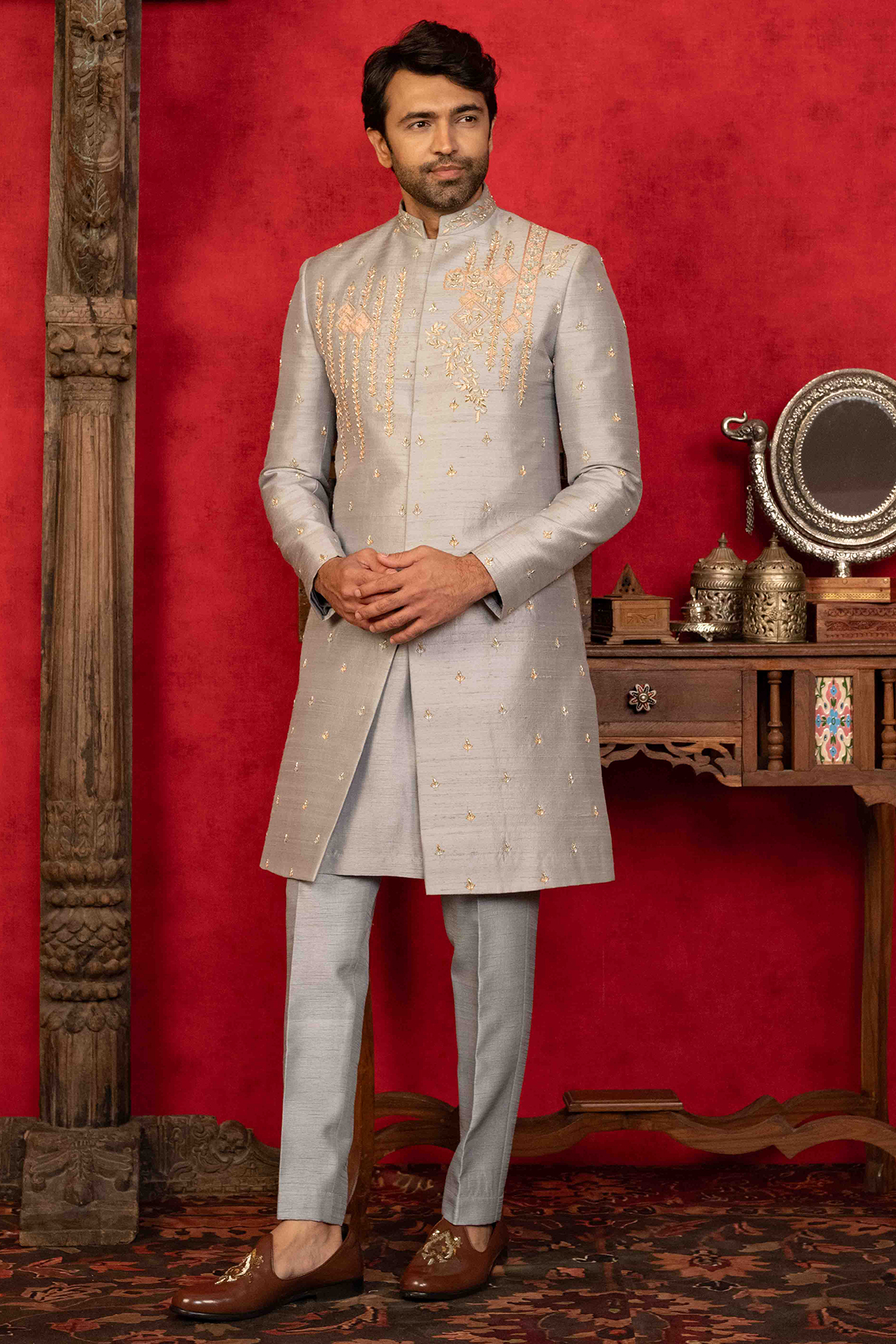 Grey Raw Silk Floral Motifs Embroidered Sherwani Set by ADANI