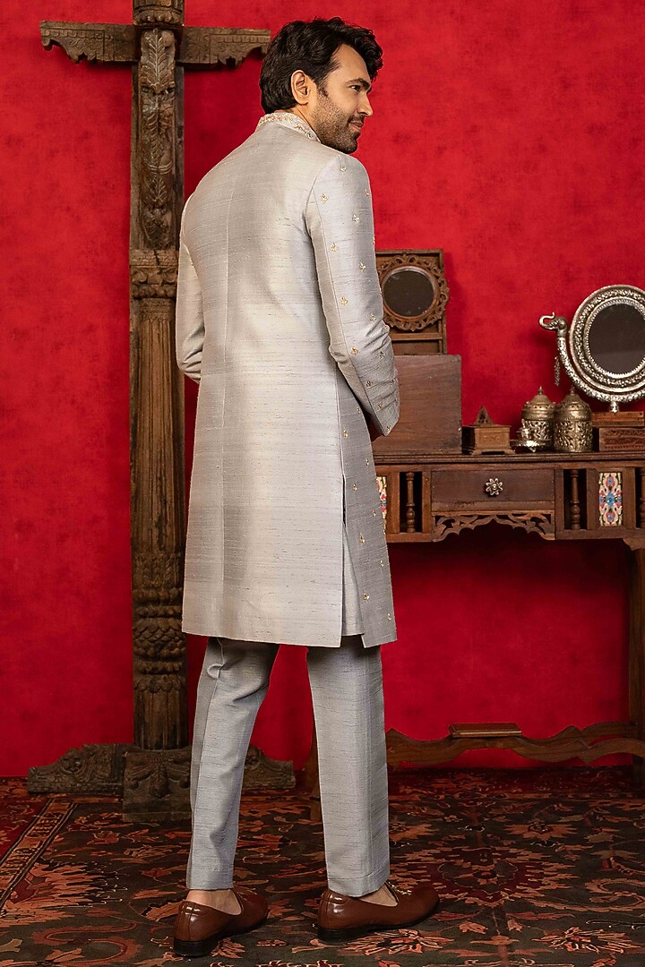 Grey Raw Silk Floral Motifs Embroidered Wedding Sherwani Set by ADANI at Pernia's Pop Up Shop