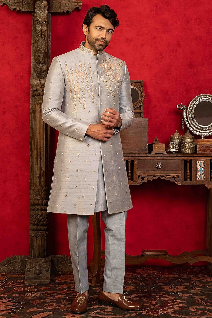 Grey Raw Silk Floral Motifs Embroidered Wedding Sherwani Set by ADANI at Pernia's Pop Up Shop