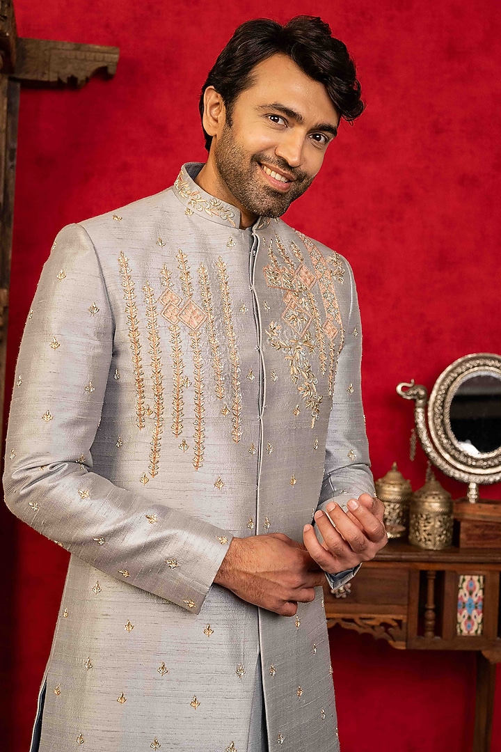 Grey Raw Silk Floral Motifs Embroidered Wedding Sherwani Set by ADANI at Pernia's Pop Up Shop