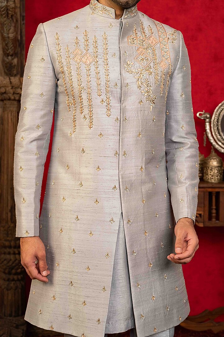 Grey Raw Silk Floral Motifs Embroidered Wedding Sherwani Set by ADANI at Pernia's Pop Up Shop