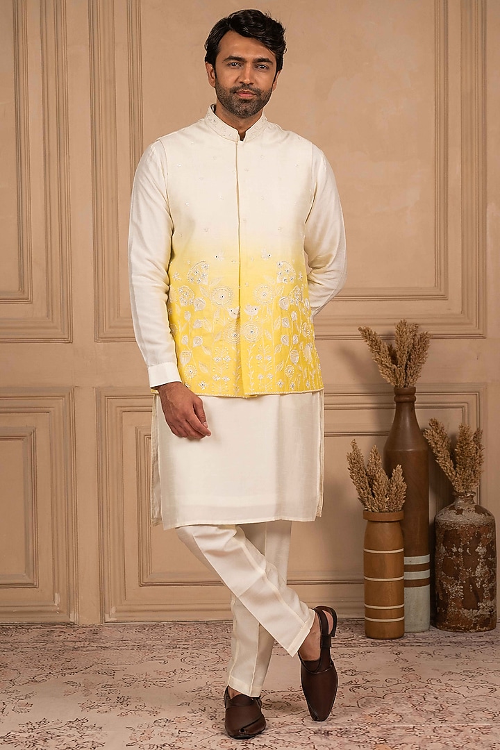 White & Yellow Ombre Dupion Silk Resham Work Bundi Jacket Set by ADANI at Pernia's Pop Up Shop