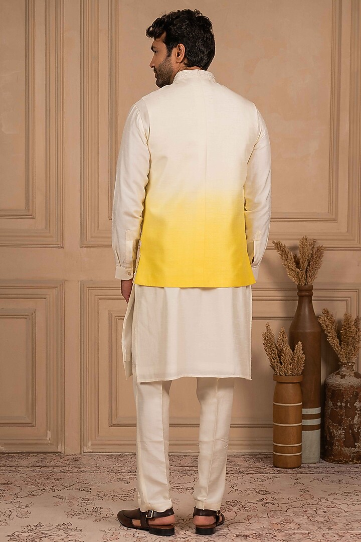 White & Yellow Ombre Dupion Silk Resham Work Bundi Jacket Set by ADANI at Pernia's Pop Up Shop