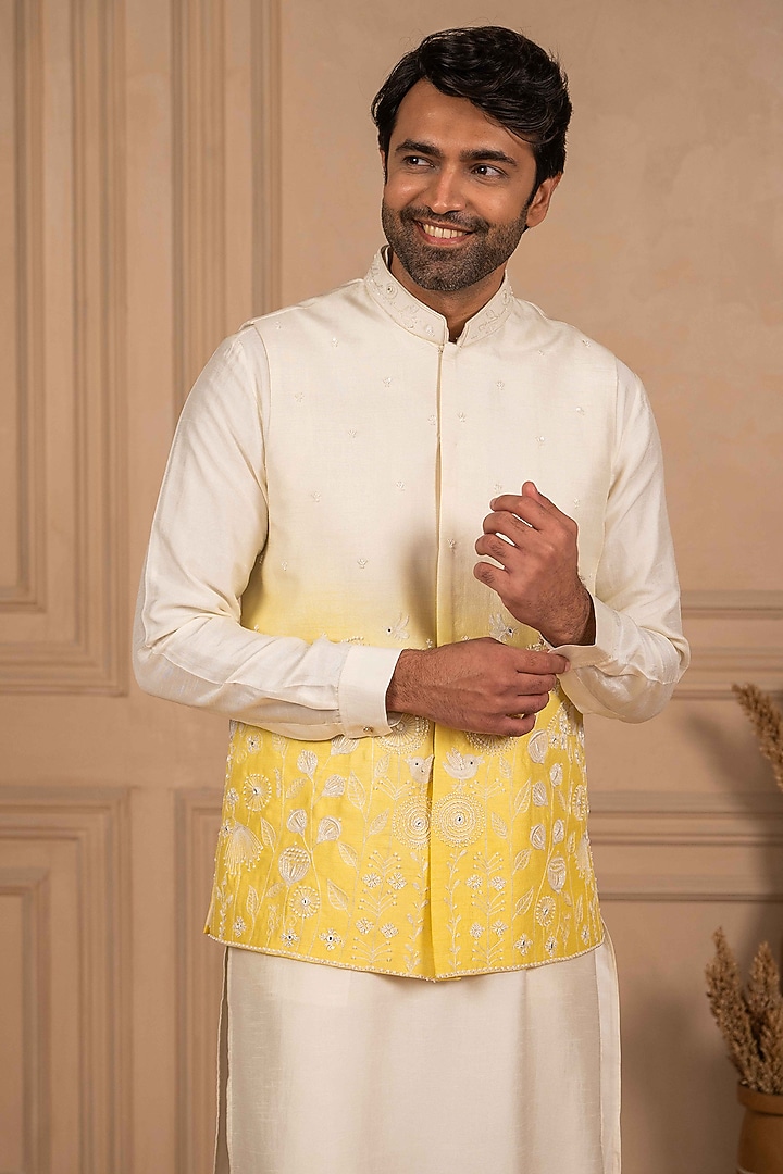 White & Yellow Ombre Dupion Silk Resham Work Bundi Jacket Set by ADANI at Pernia's Pop Up Shop