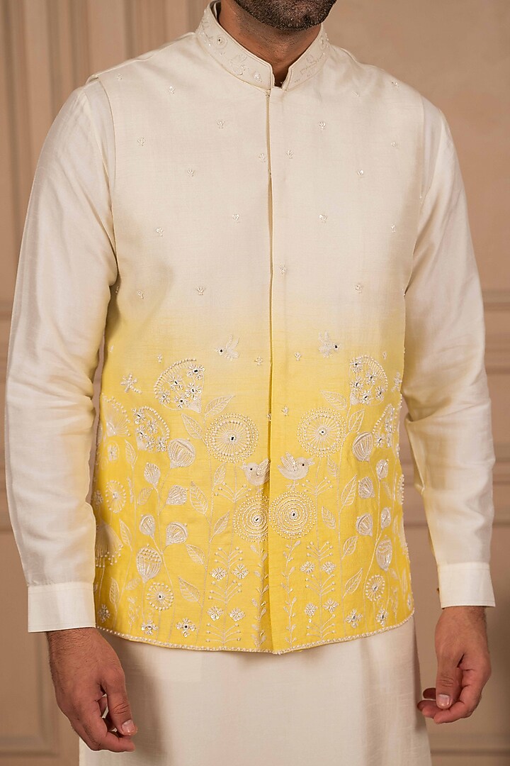 White & Yellow Ombre Dupion Silk Resham Work Bundi Jacket Set by ADANI at Pernia's Pop Up Shop