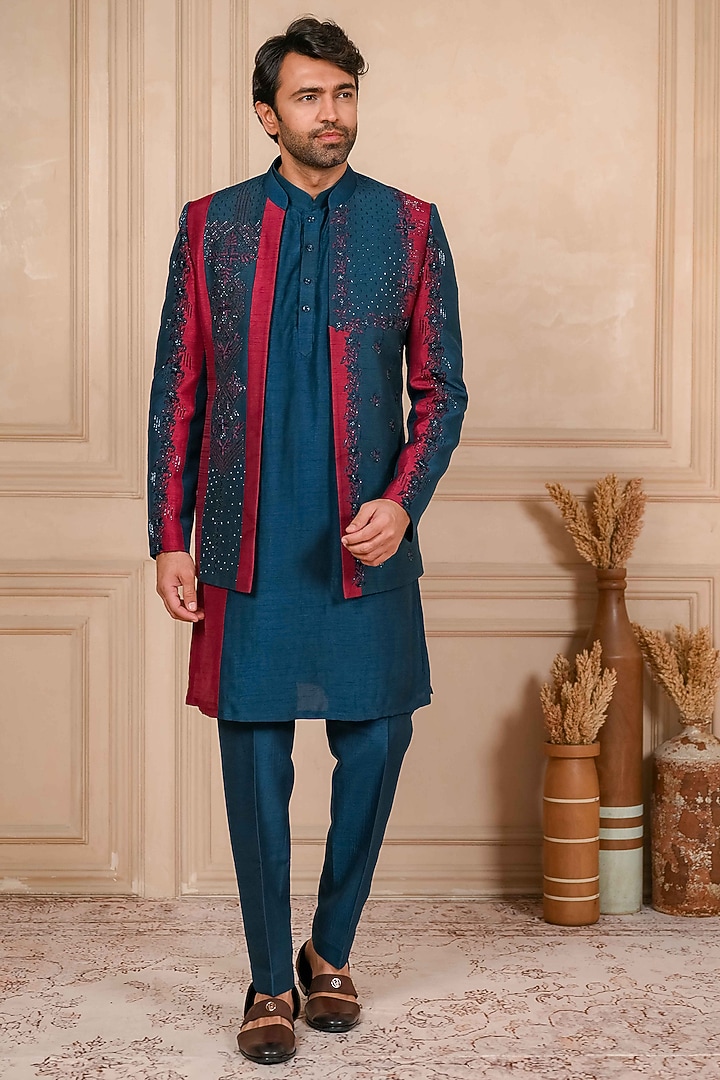Blue Dupion Silk Cutdana Embroidered Bundi Jacket Set by ADANI at Pernia's Pop Up Shop