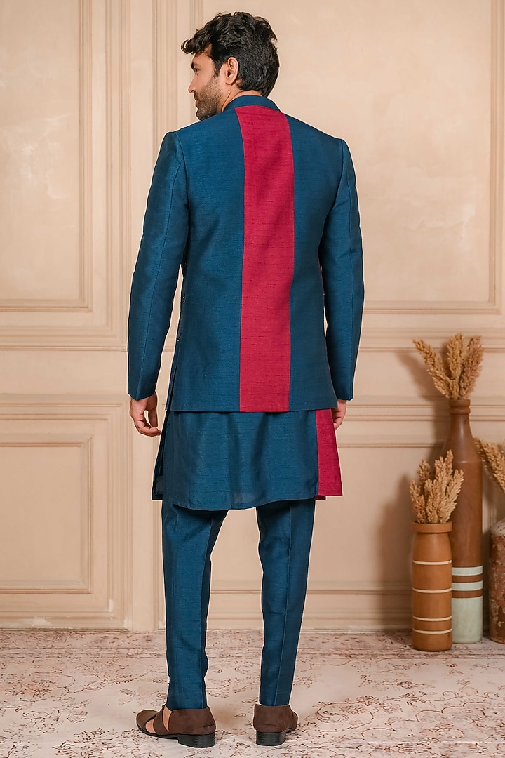 Blue Dupion Silk Cutdana Embroidered Bundi Jacket Set by ADANI at Pernia's Pop Up Shop