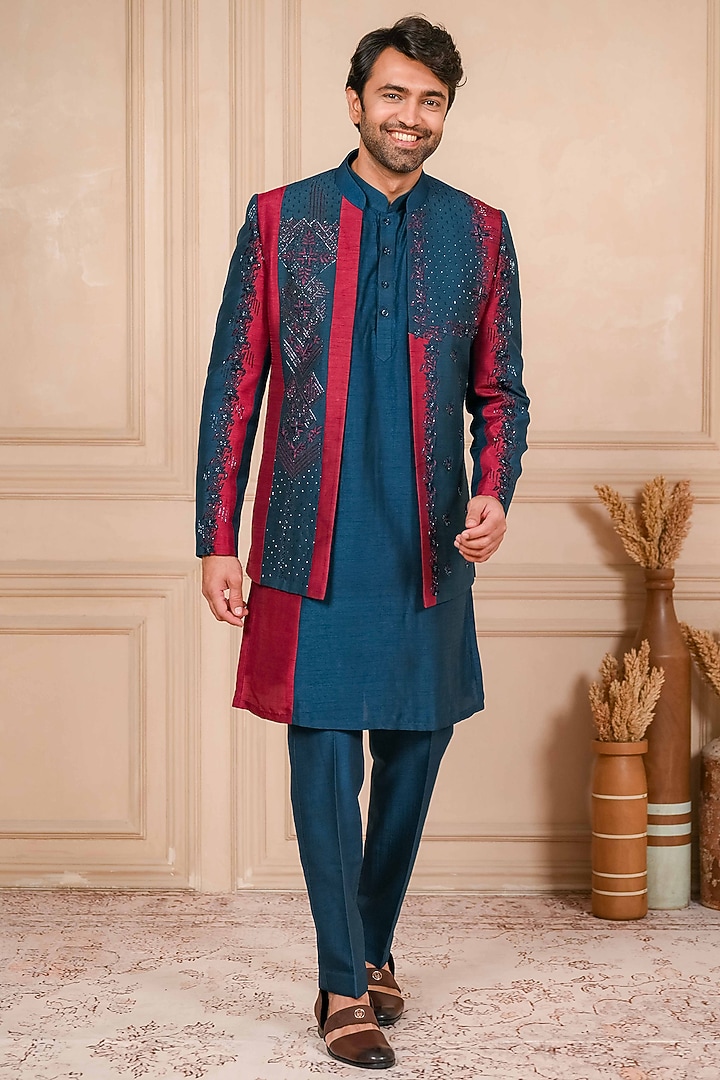 Blue Dupion Silk Cutdana Embroidered Bundi Jacket Set by ADANI at Pernia's Pop Up Shop