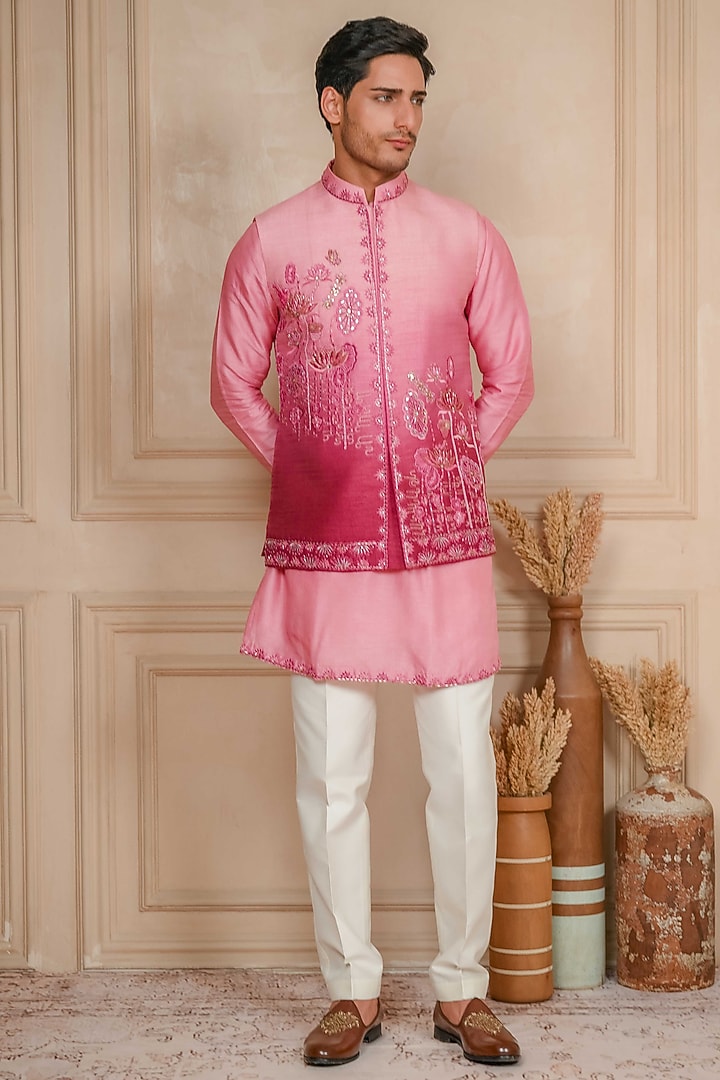 Dusty Pink Dupion Silk Zardosi Embroidered Bundi Jacket Set by ADANI at Pernia's Pop Up Shop