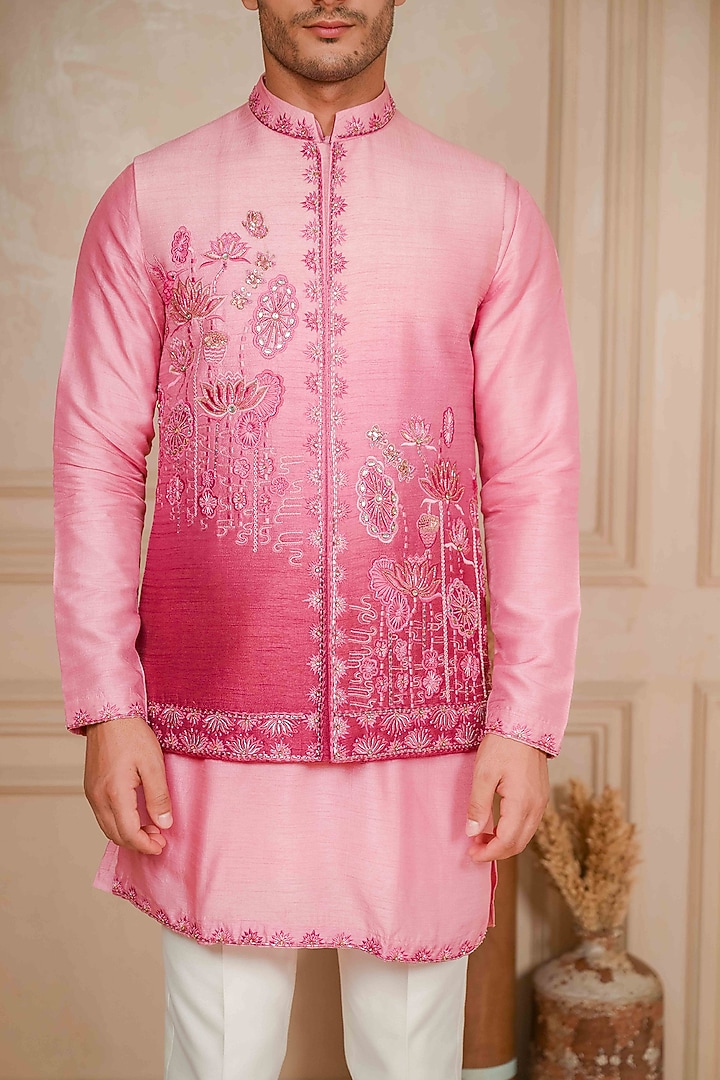 Dusty Pink Dupion Silk Zardosi Embroidered Bundi Jacket Set by ADANI at Pernia's Pop Up Shop