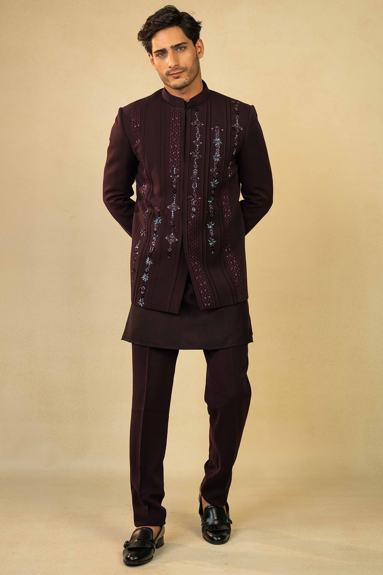 Wine Lycra Cutdana Embroidered Jodhpuri Set by ADANI