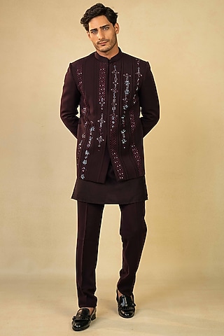 Wine Lycra Cutdana Embroidered Jodhpuri Set by ADANI