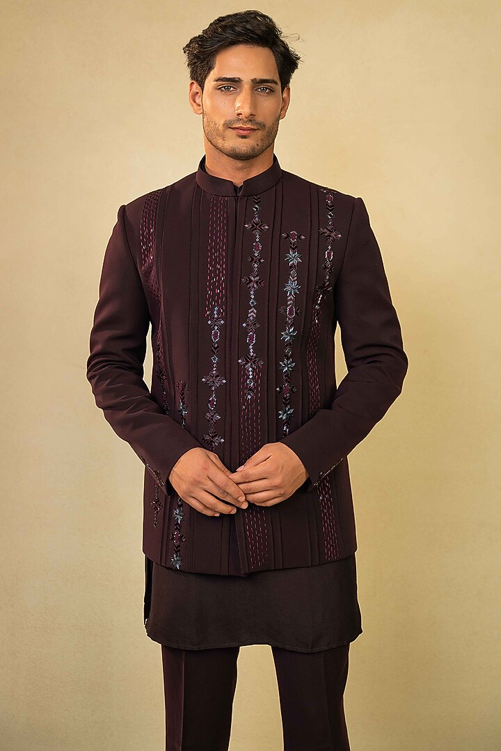 Wine Lycra Cutdana Embroidered Jodhpuri Set by ADANI at Pernia's Pop Up Shop