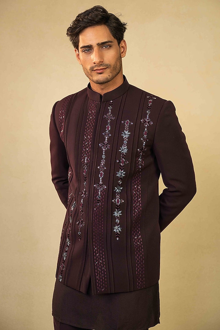 Wine Lycra Cutdana Embroidered Jodhpuri Set by ADANI at Pernia's Pop Up Shop