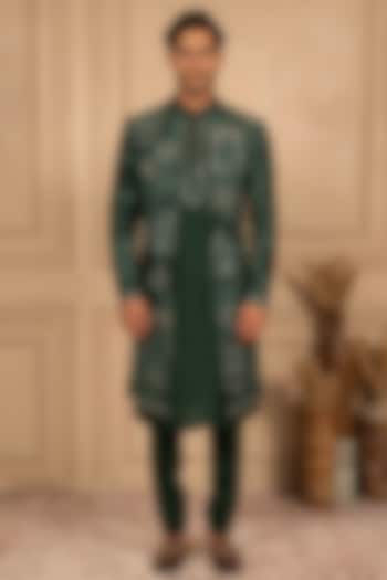 Bottle Green Dupion Silk Mirror Embroidered Wedding Indowestern Set by ADANI at Pernia's Pop Up Shop