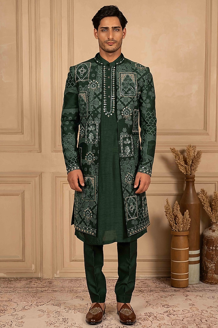 Bottle Green Dupion Silk Mirror Embroidered Wedding Indowestern Set by ADANI at Pernia's Pop Up Shop