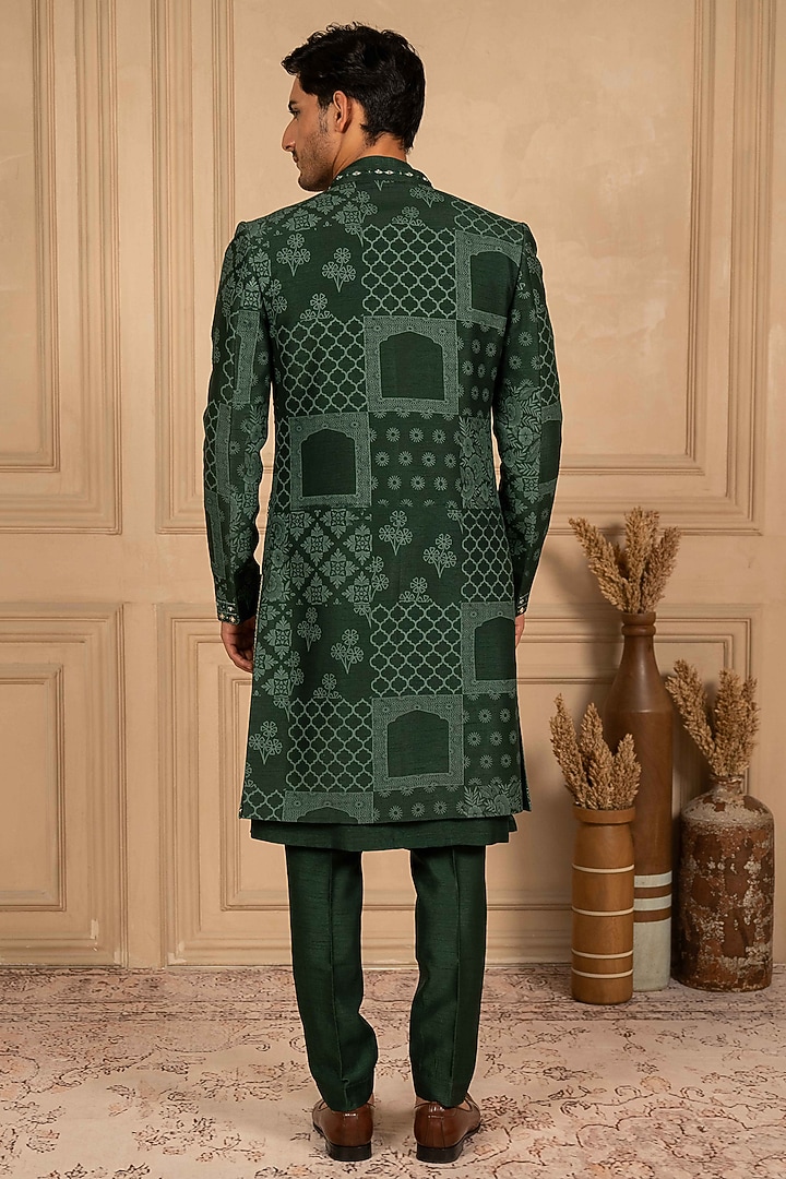 Bottle Green Dupion Silk Mirror Embroidered Wedding Indowestern Set by ADANI at Pernia's Pop Up Shop