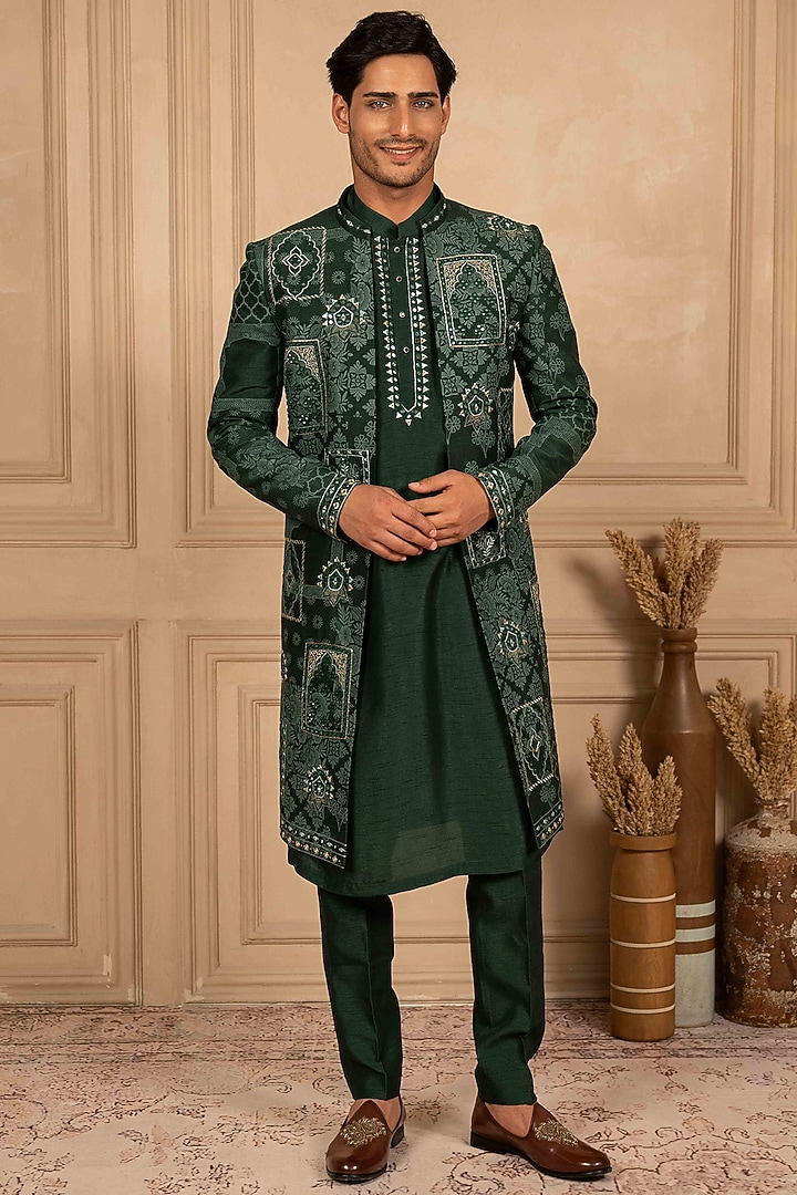 Bottle Green Dupion Silk Mirror Embroidered Wedding Indowestern Set by ADANI at Pernia's Pop Up Shop