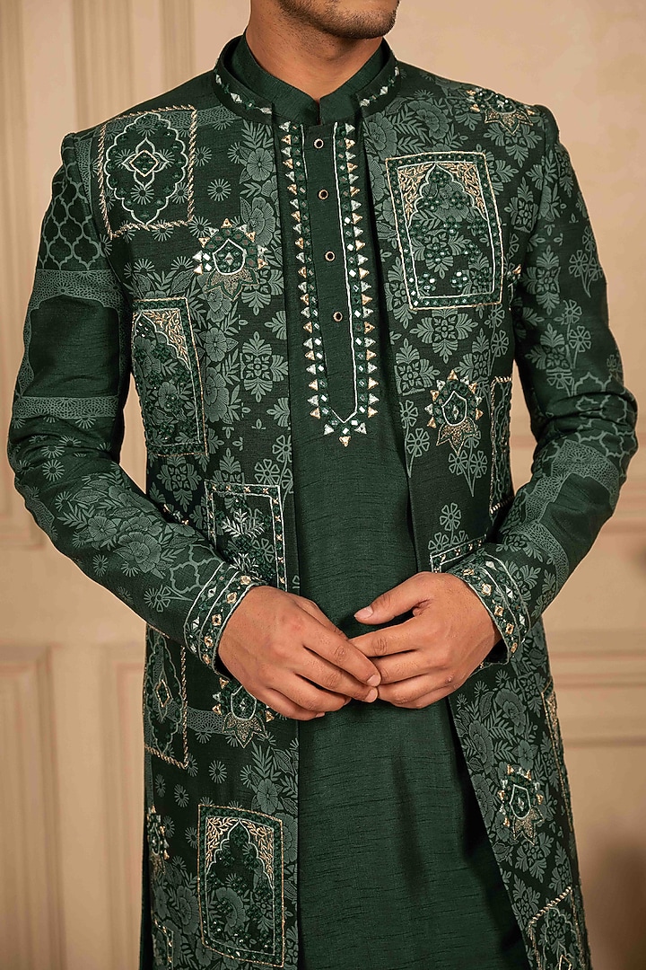 Bottle Green Dupion Silk Mirror Embroidered Wedding Indowestern Set by ADANI at Pernia's Pop Up Shop