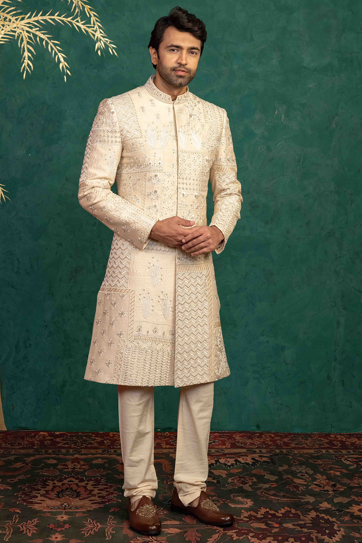Beige Raw Silk Resham Embroidered Sherwani Set by ADANI