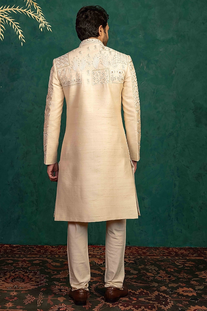 Beige Raw Silk Resham Embroidered Groom Sherwani Set by ADANI at Pernia's Pop Up Shop